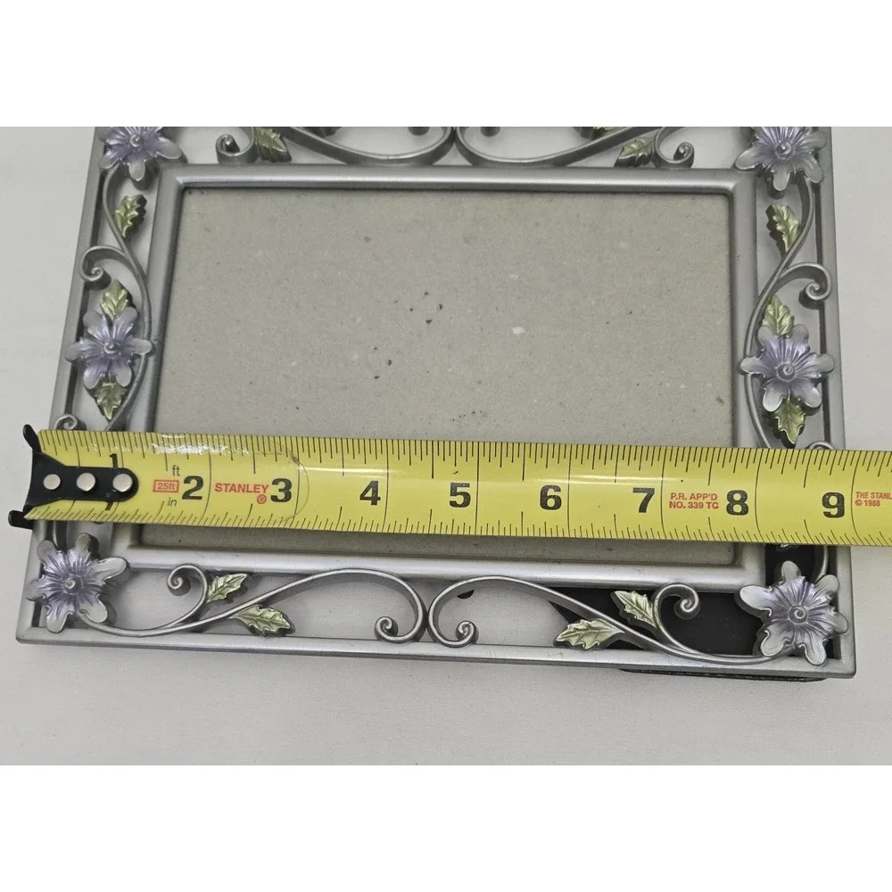Vintage Ornate Silver Metal 5x7 Picture Frame with Purple Enamel Flowers